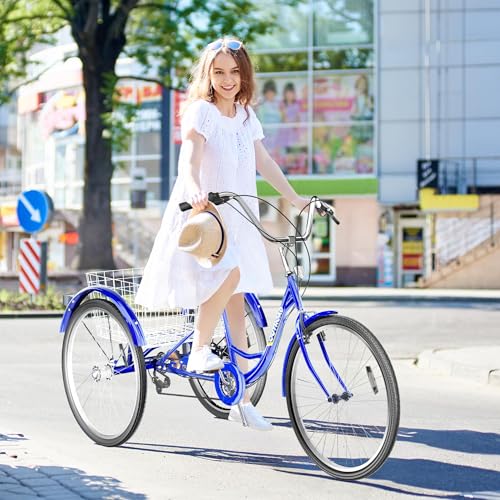 Image of Max4out Adult Tricycle with Large Basket 24 /26 Inch, Stable 3 Wheel Cruise Bicycle for Shopping, Beach and City Trike Perfect for Men, Women, Seniors（Blue /Purple /Red）