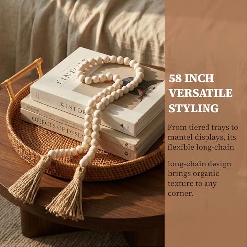 Farmhouse Beads 58in Wood Bead Boho Tassel Garland - Rustic Country Boho Chic Decor for Wall, Above Cabinet & Table