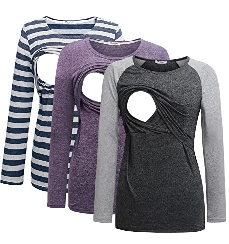 Image of Bearsland Women's 3 Packs Maternity Clothes Long Sleeves Breastfeeding Shirts Nursing Top