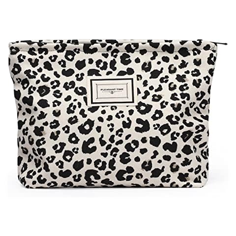 Leopard Print Makeup Bag for Women, Portable Travel Large Capacity Canvas Clutch Cosmetic Bag ,Toiletry Bag Makeup Pouch Bag for Women and Girls (White) Cover