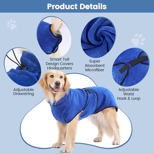PETTOM Hunde-Bademantel Mikrofaser Hundehandtuch Schnell Trocknend mikrofaser Handtuch Super Saugfähig Komfortabel und mit Verstellbaren Trägern für Haustiere Hunde und Katzen,Blau (XL)