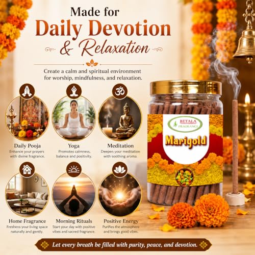 Image of Betala Fragrance Marigold Flavour Dhoop Sticks, 200 g Dhup Batti Stick with Stick Stand Holder, Bamboo Less & Non Charcoal (Marigold)