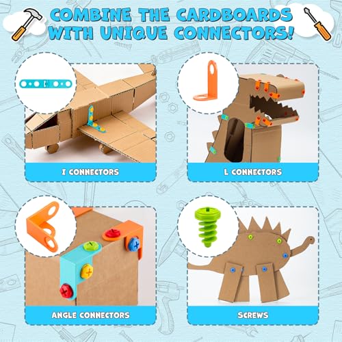 Image of 196 PCS Cardboard Cutter for Kids, Reusable Safe Cardboard Tools for Kids with Box, Gloves, Screws, Connectors, Screwdrivers, Saws, Educational Toys for 5 6 7 8 Year Old, Birthday Gift for Boys Girls