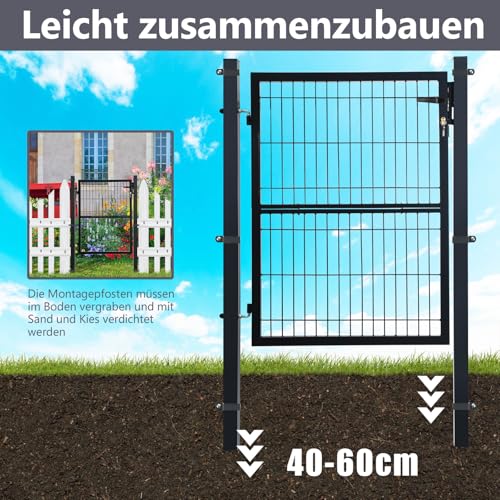 Fiqops Gartentor Anthrazit, 120x100cm Gartentür aus verzinktem Stahl, Zauntür Hoftür inkl.Schloss Türklinke und 3 Schlüsseln, Zauntor Zaun Robust und Langlebig, Wetterfest