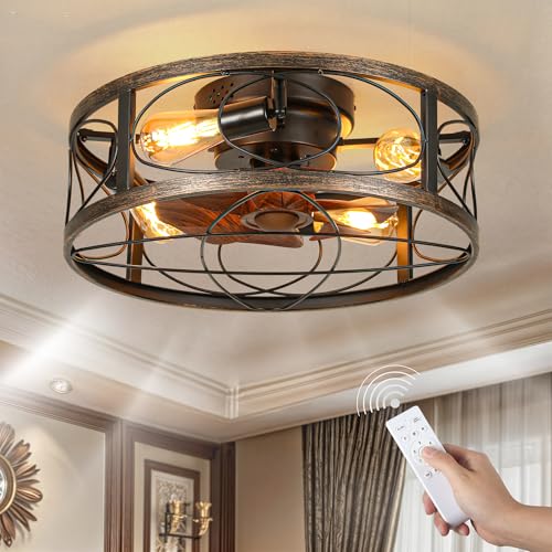 DWVO 20 Inch Caged Ceiling Fan with Lights and Remote, Farmhouse Flush Mount Low Profile Ceiling Light Fixture with Reversible DC Motor, 6 Speeds, for Living Room, Dining Room, Bedroom (Brown + Black)