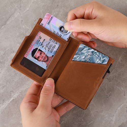 Image of Minimalist Pop Up Wallet for Men | RFID Blocking Credit Card Holder Wallet with Money Clip | Mens Wallet Slim Bifold Front Pocket Metal Case with Gift Box, Light Brown, 2.8 inch x 3.8