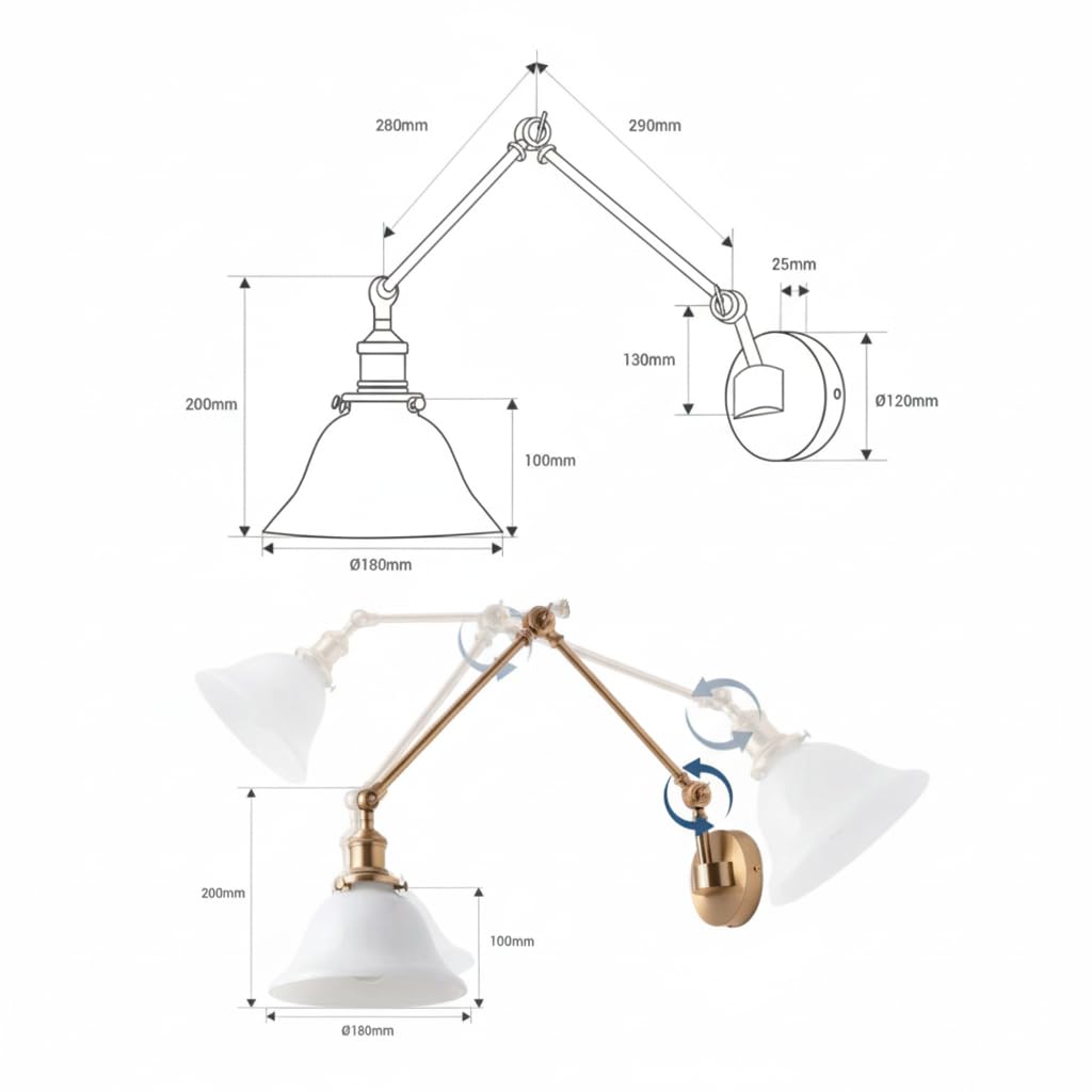 BARCELONA LED Wandlampe mit Gelenkarm in Gold/Kupfer und Weißem Glaslampenschirm, Vintage Industriestil, Retro, Modern und Minimalistisch, Ideal für Schlafzimmer, Wohnzimmer, Esszimmer und Büro