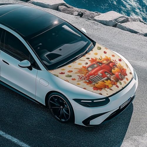 Image of Renewold Fall Football Car Hood Cover,Vehicle Hood Wrap Blanket, for Sedan | Women Men Automotive Exterior Accessories, Easy Install Auto Decor for Football Season Party Holiday, Red Truck Pumpkin
