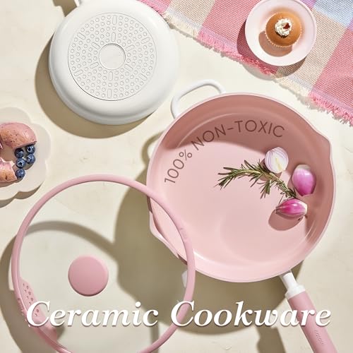Image of CAROTE 11 Inch Nonstick Deep Frying Pan with Lid, 5 Qt Chef Saute Pan with Pour Spout, Skillet Induction Cookware, Non Stick Cooking Pan Kitchen Pan, Healthy & PFOA /PFAS Free, Includes Spatula, Pink