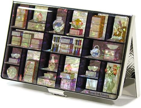 Mother of Pearl Business Credit Card Case Holder Metal Stainless Steel Engraved Slim Money Wallet with Folk Painting Design