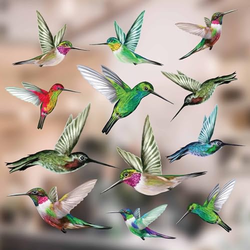 12-Pack Hummingbird Window Clings - Lifelike, Colourful Decals to Prevent Bird Strikes -Double-Sided for Bird Window Strike Prevention - Stop Birds from Hitting Windows