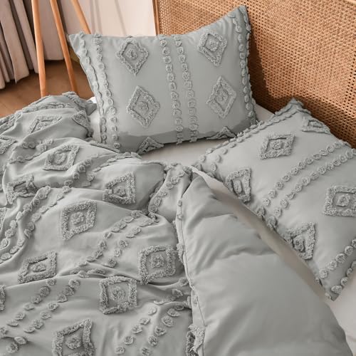 PHF Boho Duvet Cover King Size, Soft Tufted Duvet Cover Set for All Seasons, 3 Pieces Textured Shabby Chic Bedding Set with 2 Pillowcases, Frosted Grey, 104