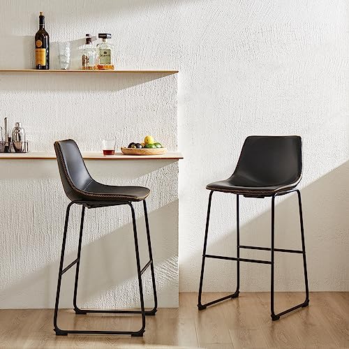 Image of DUMOS Counter Height Bar Stools Set of 2, Faux Leather Metal Bar Chairs | Barstools with Back, Leg, Armless, Upholstered, Kitchen Island, Modern Design, 26 Inch, Black