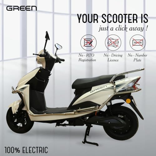 Image of Green Invicta Low Speed Electric Scooter with Steel Frame Non RTO 60KM Range White with Portable Charger