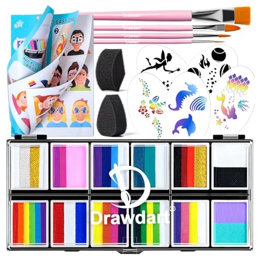 Drawdart Professional Face Painting Kit for Kids Adults, Split Cake Face Paint Palette 12 x 10gm with Stencil, One Stroke Non Toxic Rainbow Face Body Paint Set Festival Makeup