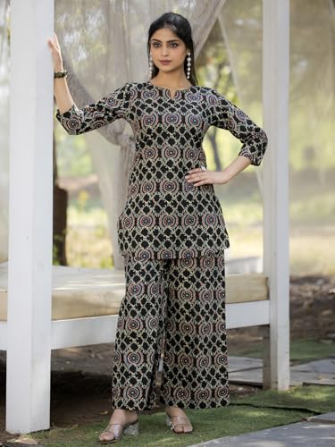 Pinkmint Pure Cotton Co Ord Set For Women L Flower & Leaf Pattern Set L 3/4 Sleeve Co Ord Set