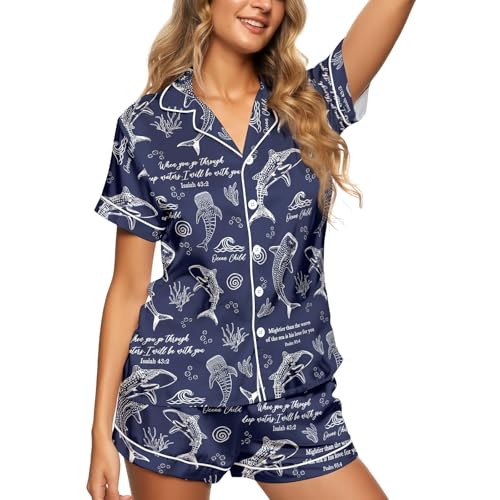 Image of Women's satin pajamas set, Short-sleeve button down Loungewear | Exclusive print on soft satin fabric; breathable comfort for sleep or lounge; button front top, elastic shorts; easy care