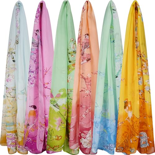 ROLVNHTV 6 Pieces Fashion Scarf for Women Lightweight Magpie Floral Silk Scarves Long Chiffon Women Scarfs Sunscreen Silk Shawls Warps Sheer Head Ladies Scarves