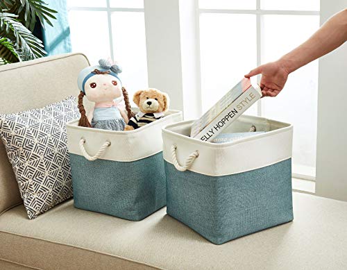 Image of DECOMOMO Cube Storage Organizer Bins | Box Storage Cube Basket with Handles Fabric Cloth Bins for Organizing Shelf Nursery Home Closet (Green & White, 13 x 13 x 13 inch - 3 Pack)