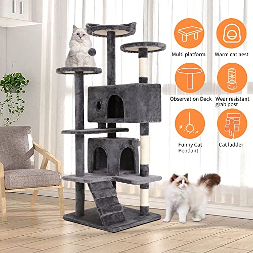 Image of BestPet | 54 inch Cat Tree Tower | Light Gray | Sturdy Multi-Level Cat Tree