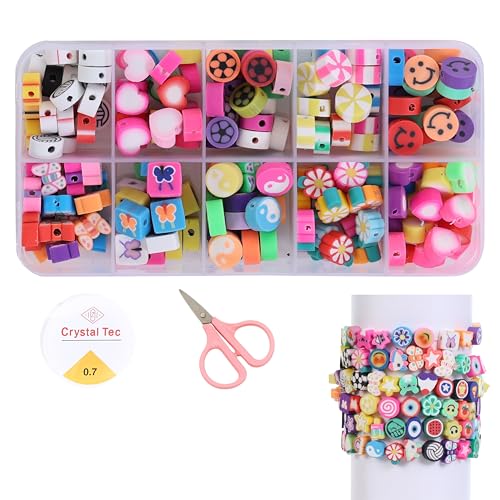 Image of Ambitieux 10-Partition Rubber Beads Bracelet Making Kit for Kids | 10 Designs of Emoji, Heart, Flower, Butterfly Beads | Includes Elastic Thread & Mini Scissors | DIY Jewellery Craft Set for Girls & Boys