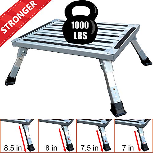 FLSEPAMB RV Step, Aluminum Folding Platform Step,RV Step Stool with Non-Slip Rubber Feet, Reflective Stripe, Grip Handle, RV T Level, More Stable Supports Up to 1000 lbs