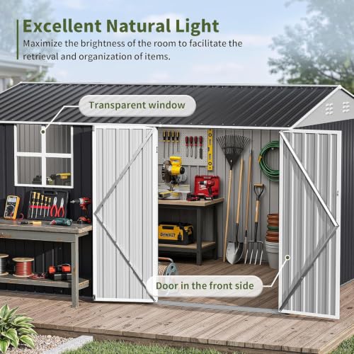 Image of Polar Aurora 10X12 FT Metal Outdoor Storage Shed with Window for Backyard | Heavy-Duty Galvanized Steel Garden Shed with Lockable Doors, Weatherproof Tool Shed, Black