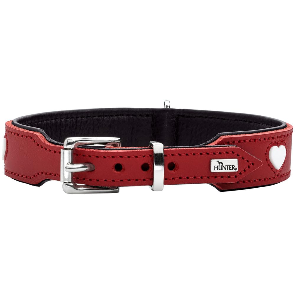 HUNTER hondenhalsband LOVE, kleur: rood/zwart, zacht en robuust rundleer, afzonderlijk ingenaaide harten, handgemaakt, hoog draagcomfort, bijzonder soepel, Made in Germany, maat: 47