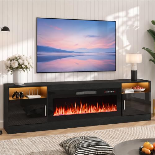 Image of Waleaf 80 inch Fireplace TV Stand with 40 inch Electric Fireplace,20 Colors LED Lights Entertainment Center for Living Room,Large High Gloss TV Console Cabinet for Televisions up to 930+ Inch