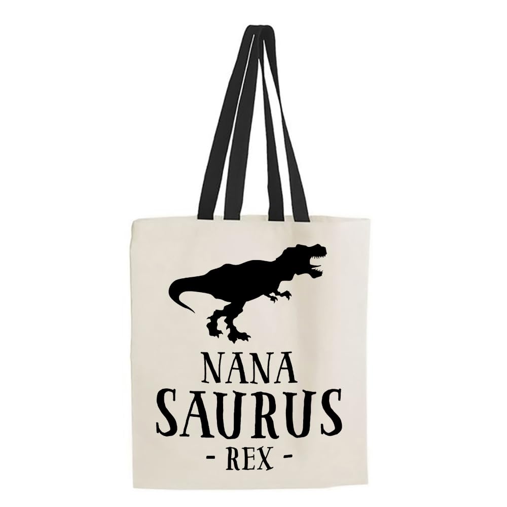 Giftme Nana Saurus Rex, Dino Dinosaur Nanasaurus, Reusable Bag, Shopping Bag, Tote Bag. (Black Handle)