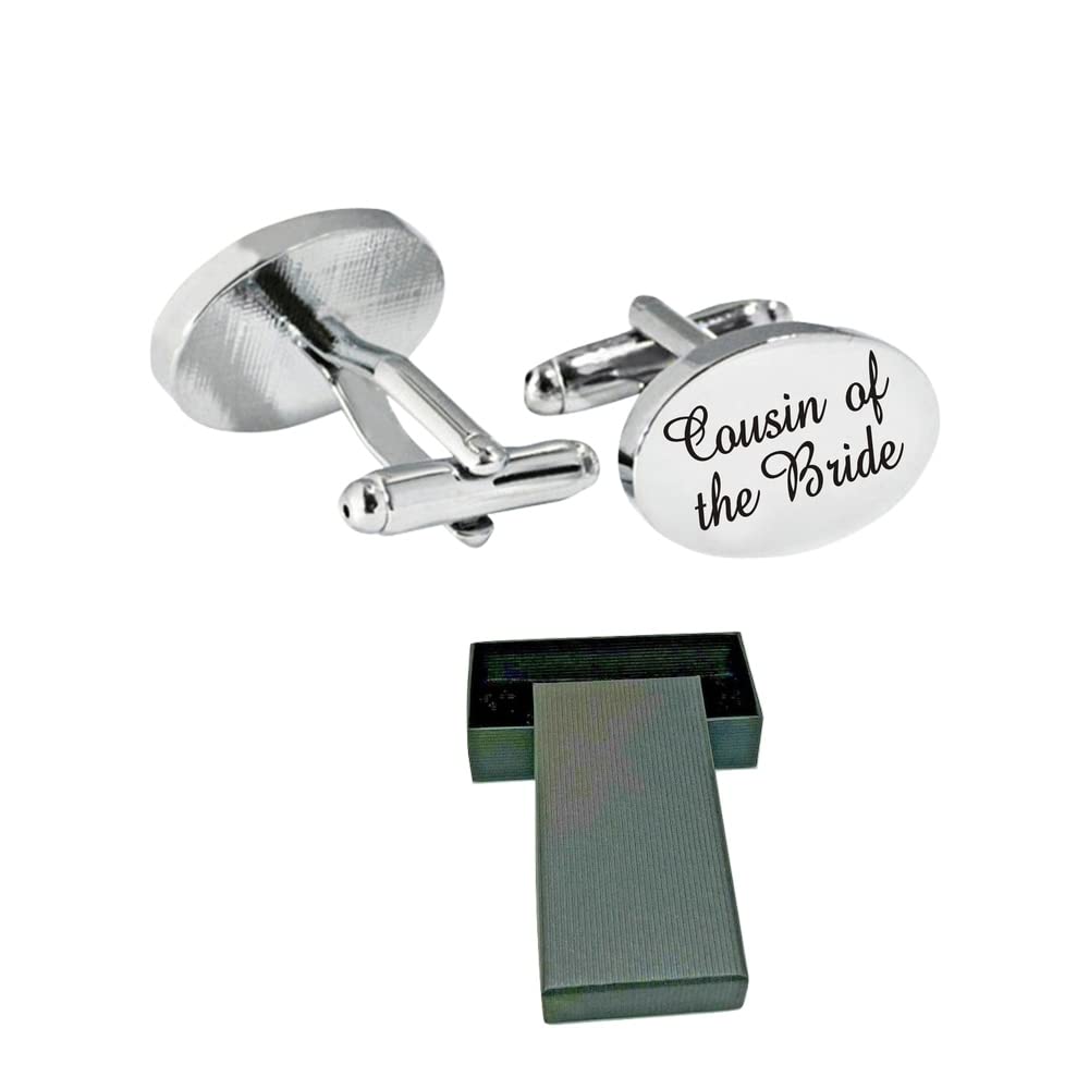 Virens Empourium Men's Wedding Cufflinks BOXED SILVER OVAL Cufflink, Groom Best Man Usher Page Boy and Many More Titles, Gift Box with Every Pair of Cuff Link (COUSIN OF THE BRIDE)