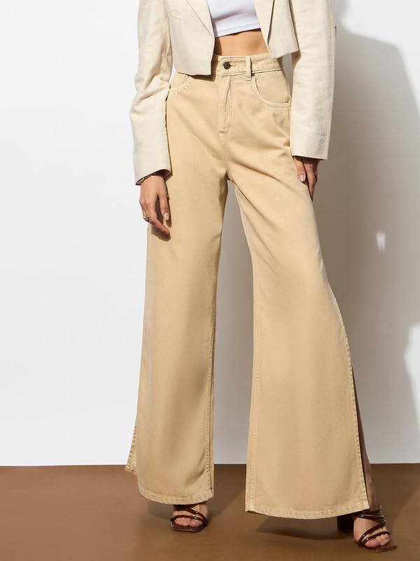 Image of Beige Side Slit Wide Leg Jeans
