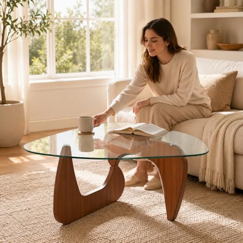 Image of 35.8 inch Glass Coffee Table, Modern Coffee Tables for Living Room, Organic Round Coffee Table with Clear Tempered Glass Top and Walnut Finish Wood Base, Small Center Table, Mesa de Centro para Sala