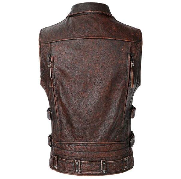 Chaleco vintage sin mangas con cremallera para hombre, chaleco de cuero vacuno genuino