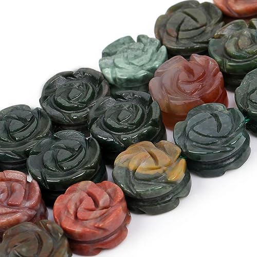 JOE FOREMAN 12Pcs 14mm Natural Multicolor India Agate Jasper Stone Plant Rose Flower Double Side Hand Carved Gemstone Semi Precious Beads for Jewelry Making