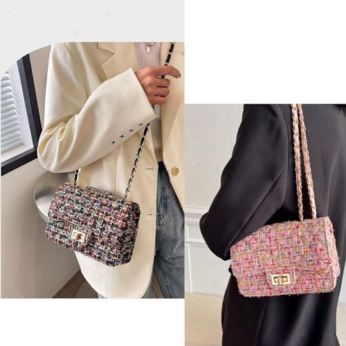 Image of Women Tweed Small Shoulder Bag Handbag and Purse Fashion Ladies Chain Quilted Crossbody Bag Evening Bag Clutch