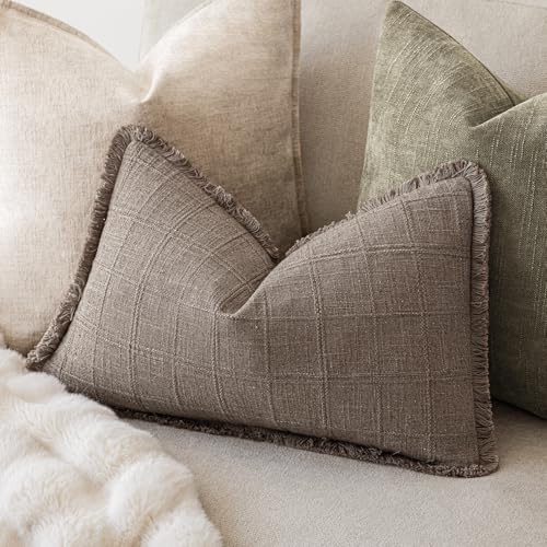 Image of Foindtower Set of 2 Decorative Linen Check Fringe Throw Pillow Covers Farmhouse Lumbar Cushion Covers Modern Boho Home Decor for Sofa Chair Couch Bedroom Living Room,12x20 Inch,Tan Taupe
