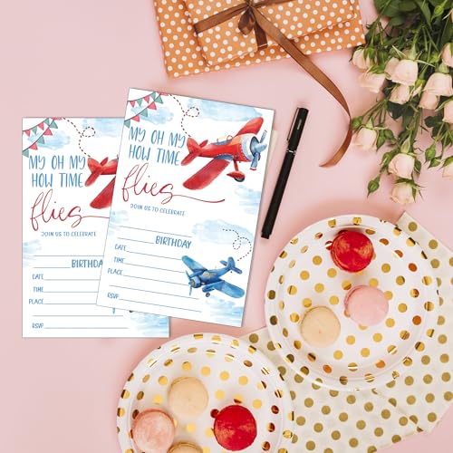 SIXEIGHT Boy Airplane Birthday Invitations, How Time Flies Party Invitations, 20 Fill-in Style Invites with Envelopes for Girls Boys, Airplane Birthday Party Favor & Decoration (4"x6")-D16 by SIXEIGHT - Image 4
