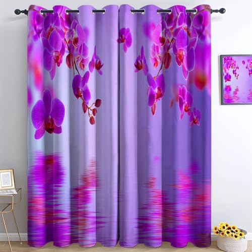 Cortinas Opacas Termicas Aislantes Frio y Calor de Casa Cortina 100% Blackout Soñador Mariposas Orquídeas Moradas, Acustica con Ojales para Salon Dormitorio 2 Piezas, Púrpura, 140x 175 cm