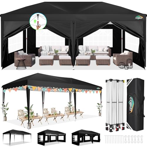 COBIZI Faltpavillon 3x6 Wasserdicht Stabil Winterfest mit 6 Seitenwänden Outdoor Faltbarer Zelt Pavillon Faltzelt Pop up Pavillion UPF 50+ UV-Schutz Festzelt mit Tragetasche für Party Schwarz