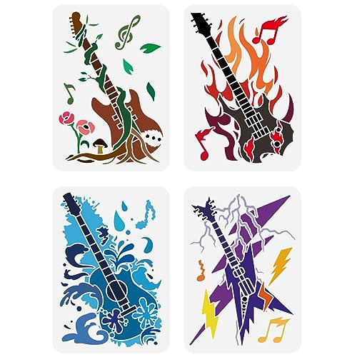 FINGERINSPIRE 4 pcs Electric Guitars Stencil 21x29.7cm Reusable Rock Guitars Painting Template Rock Music Decor Stencil Fire Water and Lightning Stencil for Painting on Wood Wall Furniture