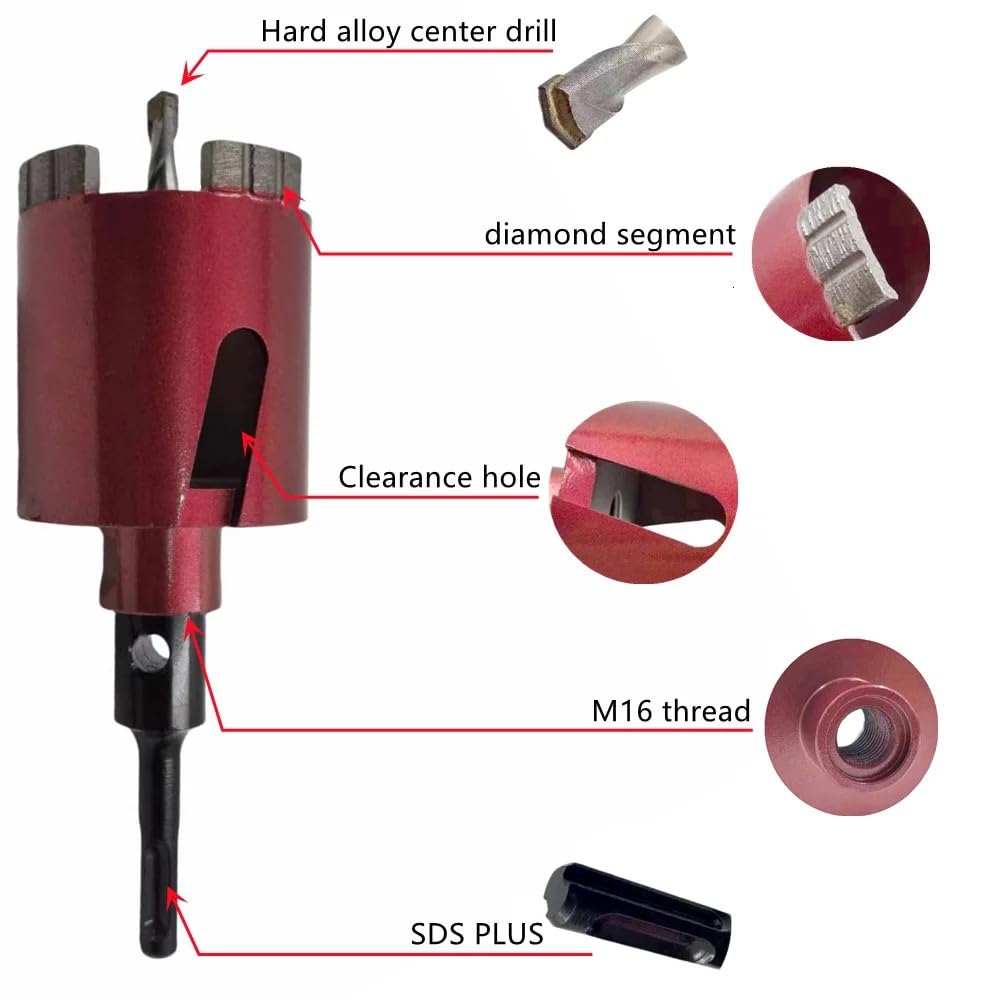 M16 diamentowe wiertło rdzeniowe spawane laserowo wraz z wiertłem centrującym i adapterem SDS-Plus. Nadaje się do otworów ściennych 68 mm, 72 mm, 82 mm (68 mm M16 SDS Plus)