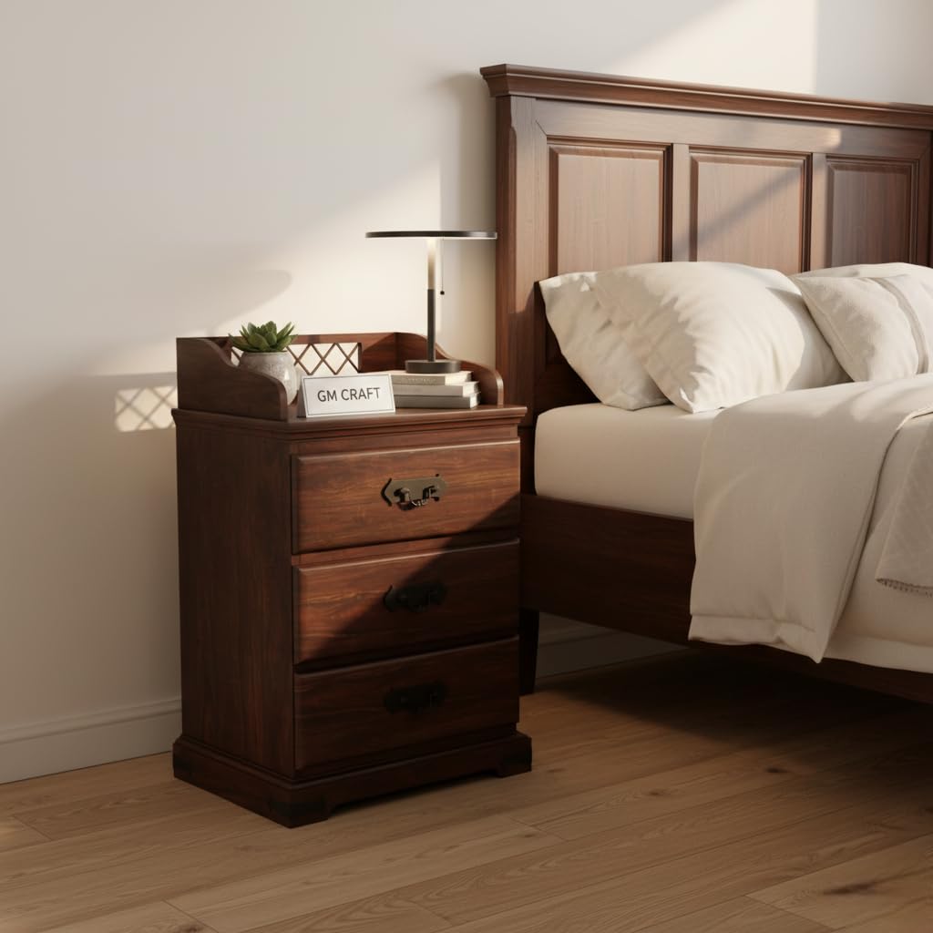 sheesham wood bedside table for bedroom with 3 drawer - wooden bedside table with drawer storage nightstand end table for living room sofa side table (design 19)