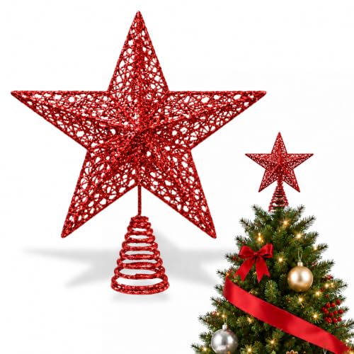 Estrella roja para la Punta del árbol de Navidad, Estrella para arbol de Navidad, Accesorios de Navidad, Longitud 15 cm, Color Rojo
