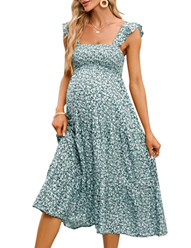 Image of KOJOOIN Womens Maternity Dress Summer Sleeveless Smocked Square Neck Ruffle Casual Boho Midi Dress Baby Shower Photoshoot