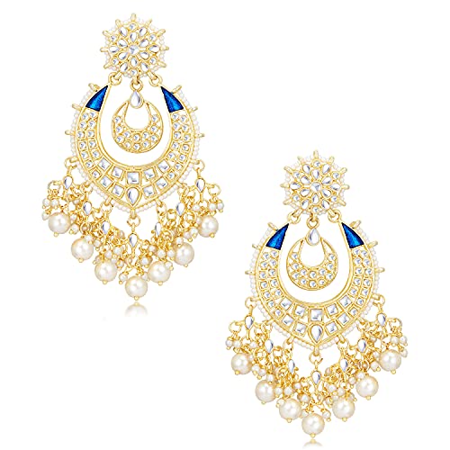 Sukkhi Sensational Kundan Gold Plated Pearl Chandelier Earring Set for Women (SKR85647), Blue, One Size
