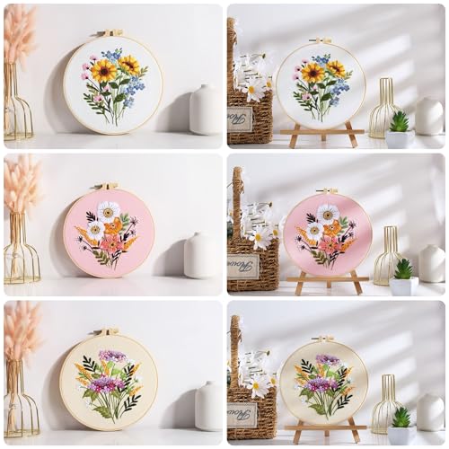 Image of Offizon 3 PCS Embroidery Kit for Beginners Stamped FlowerB Pattern | Cross Stitch DIY Craft Set, Hoop Included, Flower Embroidery Accessories, Stitching Sewing Kit Gift for Adults