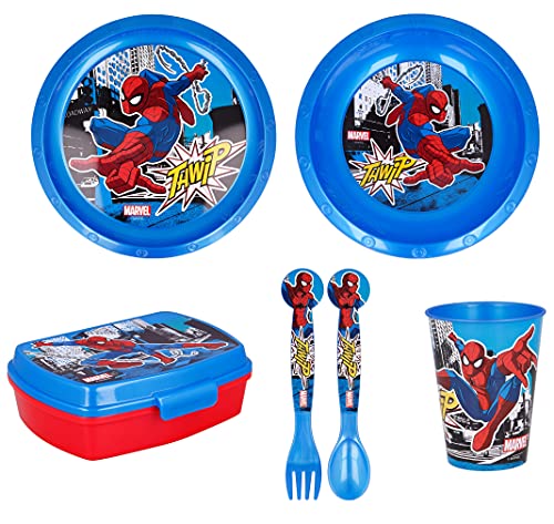 Vaisselle pour enfants 6 pièces PERSONNAGE pour les garçons et les filles. Contient une assiette, un verre, une fourchette, un couteau, un bol et une boîte à sándwich (Spiderman - 6 pièces)