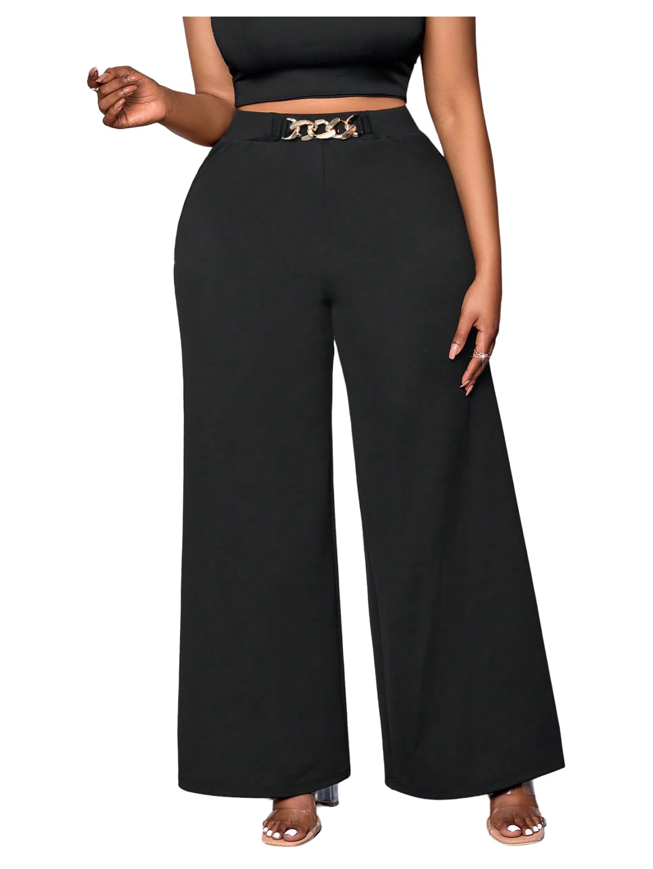 Floerns Womens Plus Size High Waisted Wide Leg Pants Metal Chain Business Casual Trousers