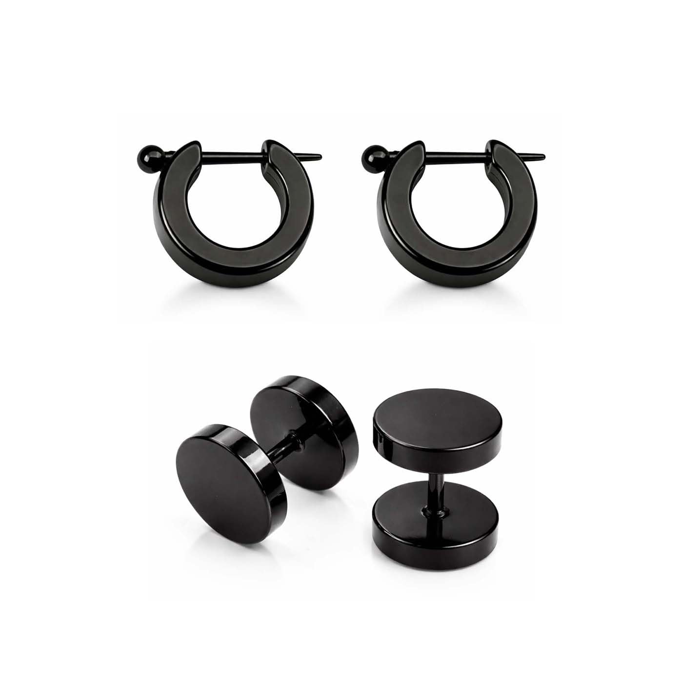Combo of (2 Pair) Unisex Fancy & Stylish Stainless Steel Black Glossy Finish Round Dumbbell/Barbell Stud & Bali/hoop Clip on Metal Press Screw Ear Piercing Earrings for Men & Women-image-28